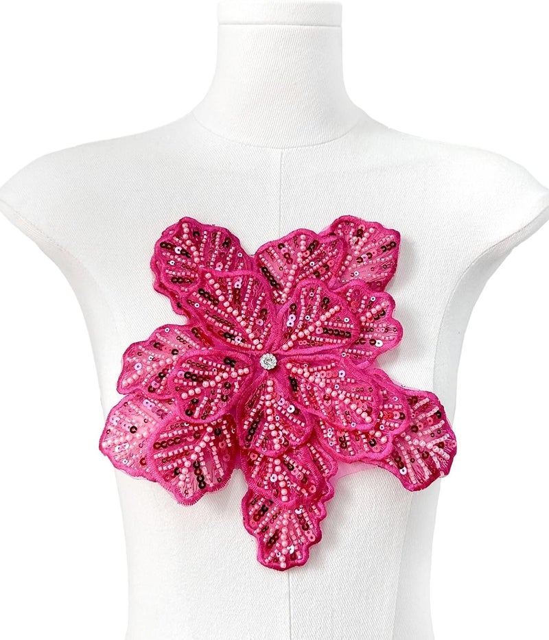 SAIXCCS 1pc Handmade Large Flower Rhinestone Applique for Clothes, Sparkly Sequin Beaded Patches for Wedding Dress, Embroidery Lace Sewing Patches for Bodice Hat Jean Jacket (Hot Pink) - Image 2